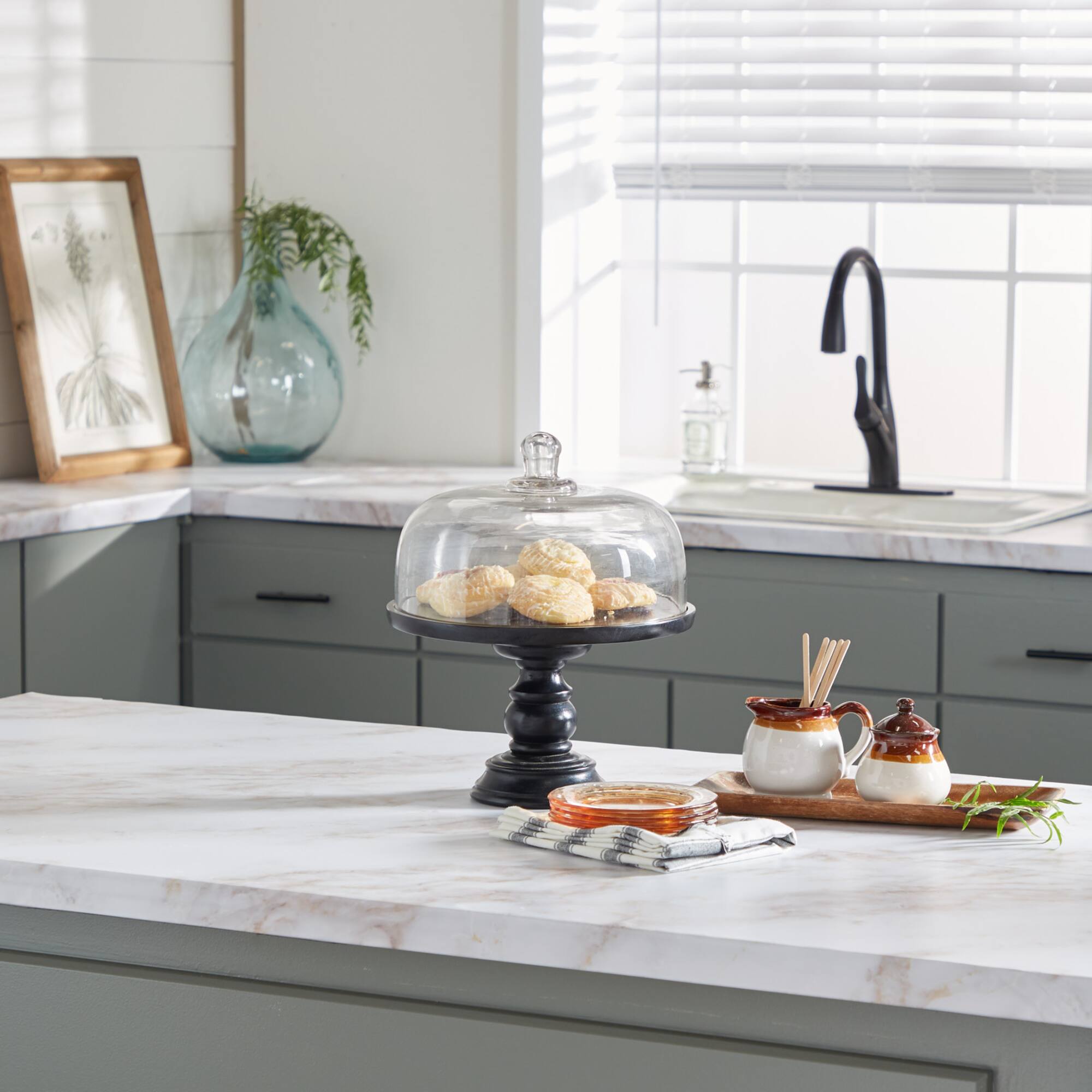 Black Wood and Glass Farmhouse Cake Stand with Cloche, 14" x 12" x 12"